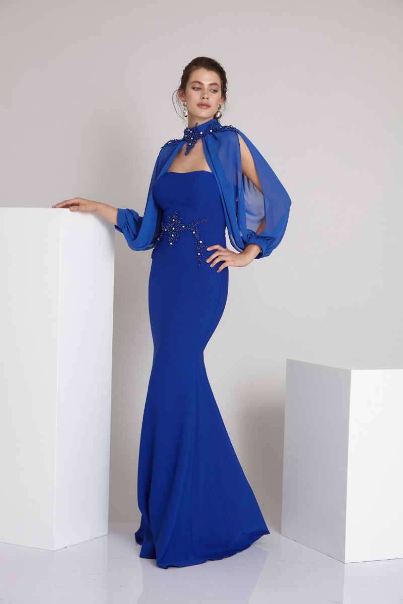 Saxon Blue Crepe Maxi Long Sleeve Dress