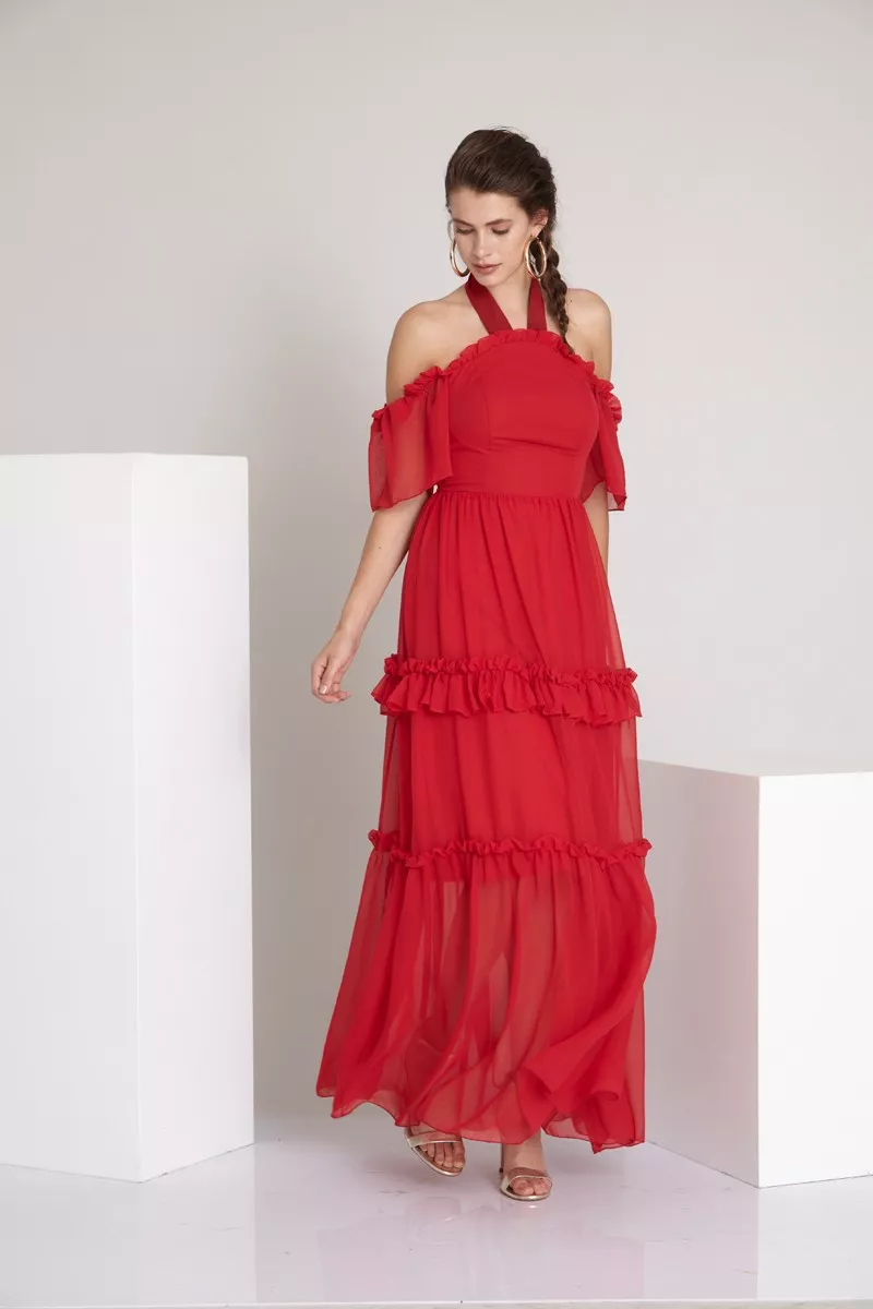 Red chiffon sleeveless maxi dress