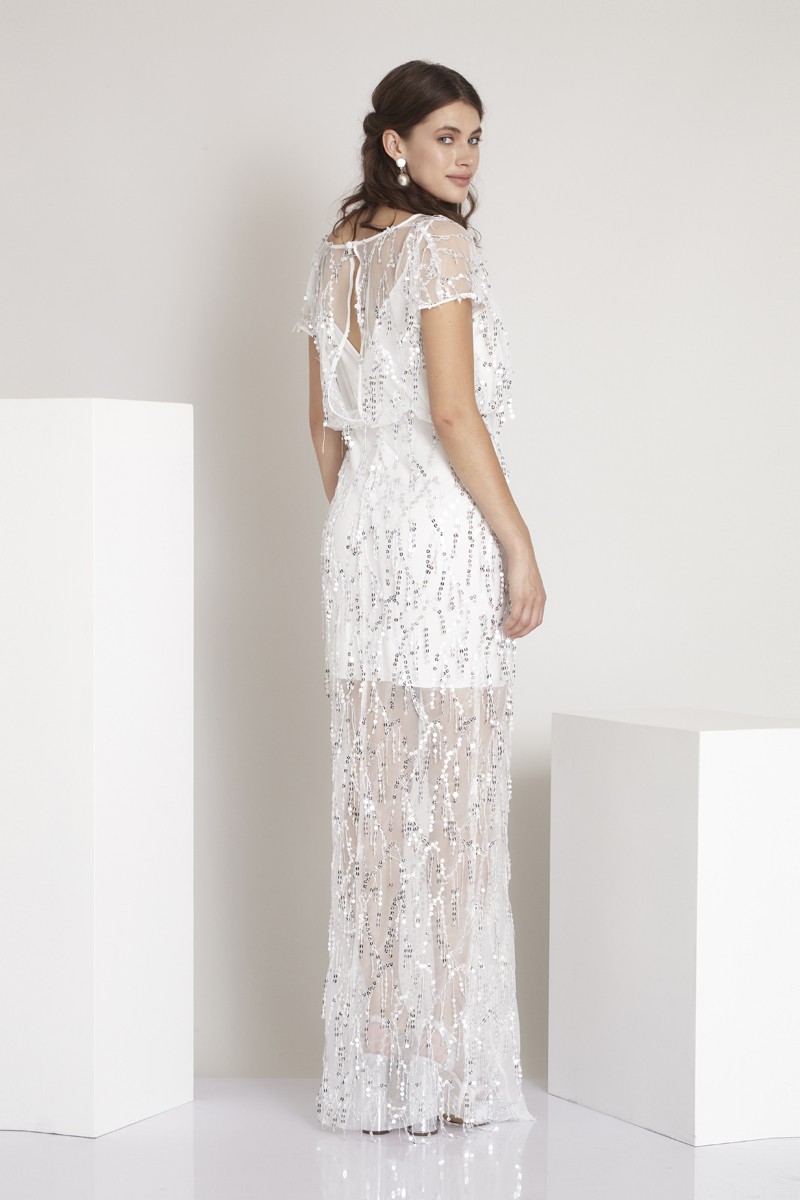 White Sequined Short Sleeve Maxi Dress