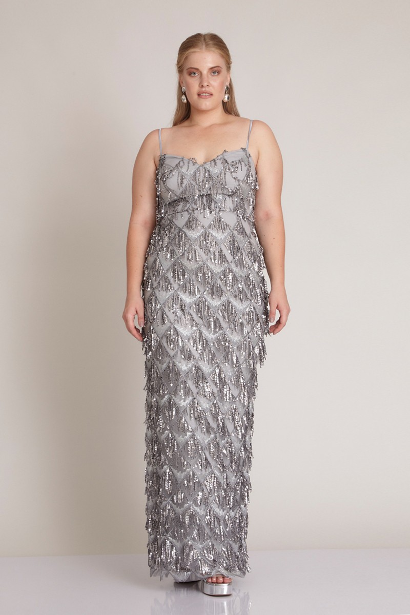 Silver Plus Size Sequined Sleeveless Maxi Dress