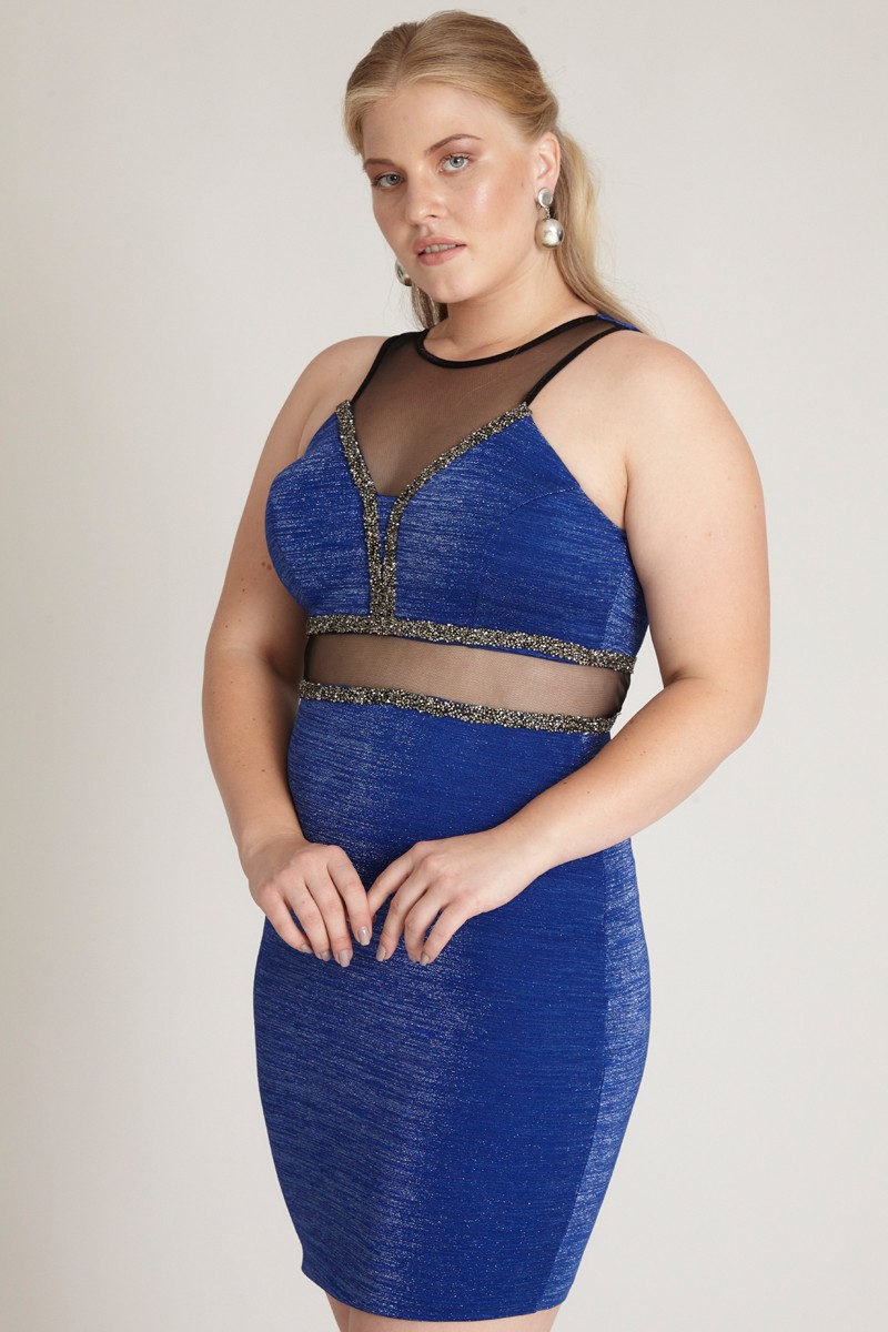 Saxon Blue Plus Size Knitted Mini Sleeveless Dress