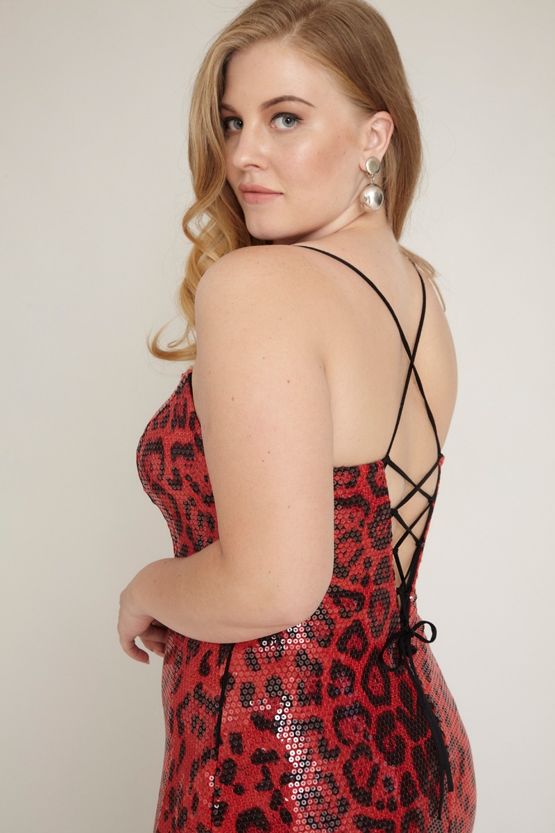 Red Plus Size Sequined Sleeveless Mini Dress