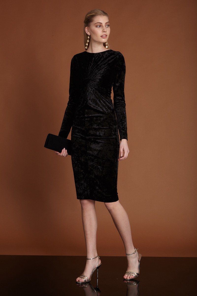 Black Velvet Long Sleeve Midi Dress
