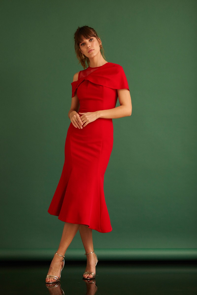 Red Crepe Short Sleeve Mini Dress