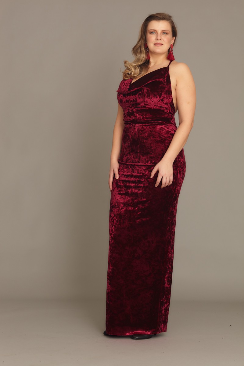 Claret Red Plus Size Velvet Maxi Sleeveless Dress
