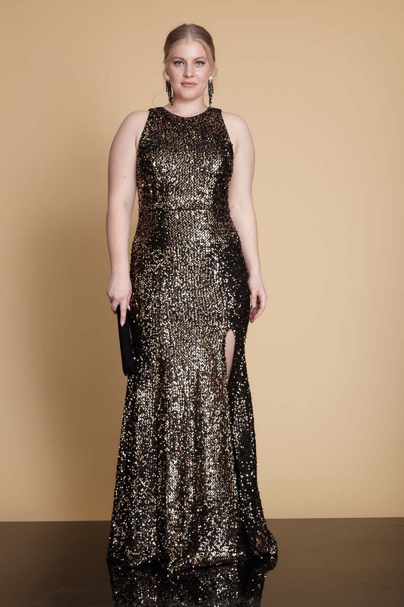 Gold Plus Size Sequined Maxi Sleeveless Dress-961467-029 | Plus Size ...