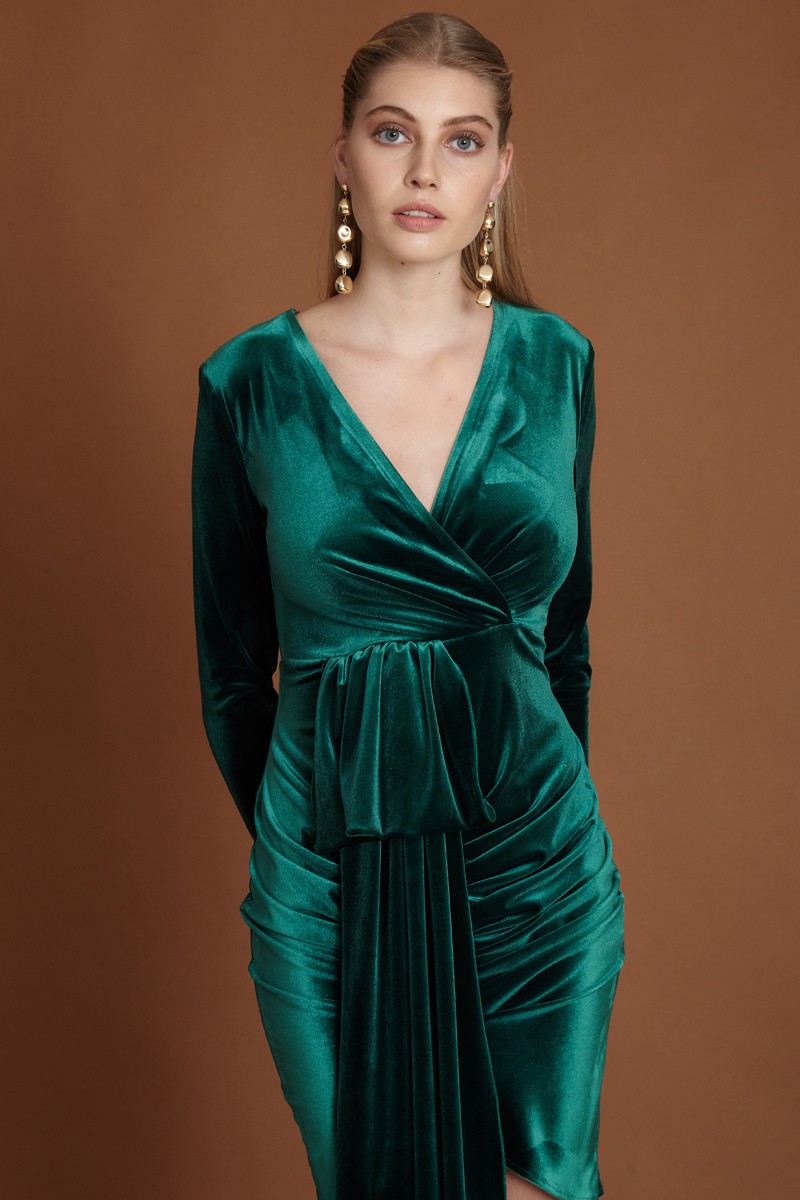 Dark Green Velvet Mini Long Sleeve Dress