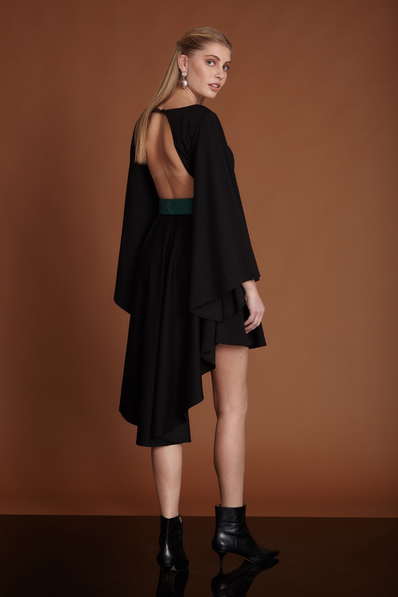 Black Woven Long Sleeve Midi Dress