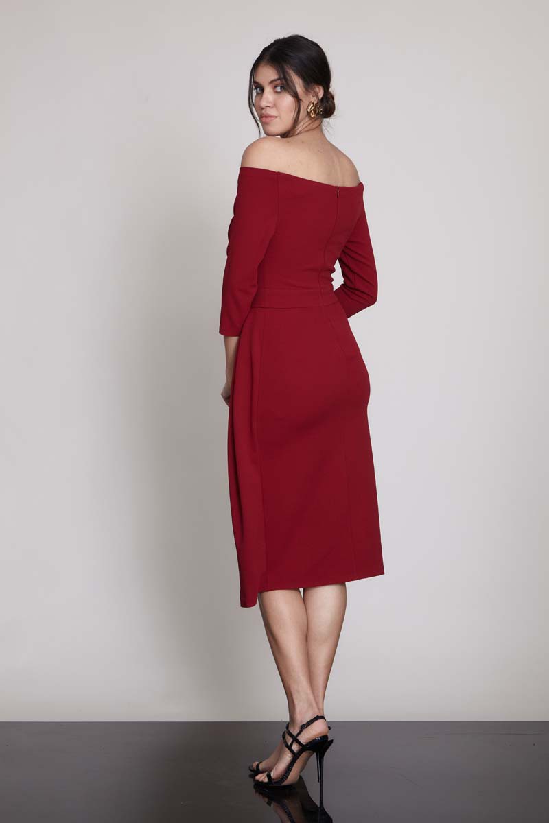 Claret Red Crepe Long Sleeve Midi Dress