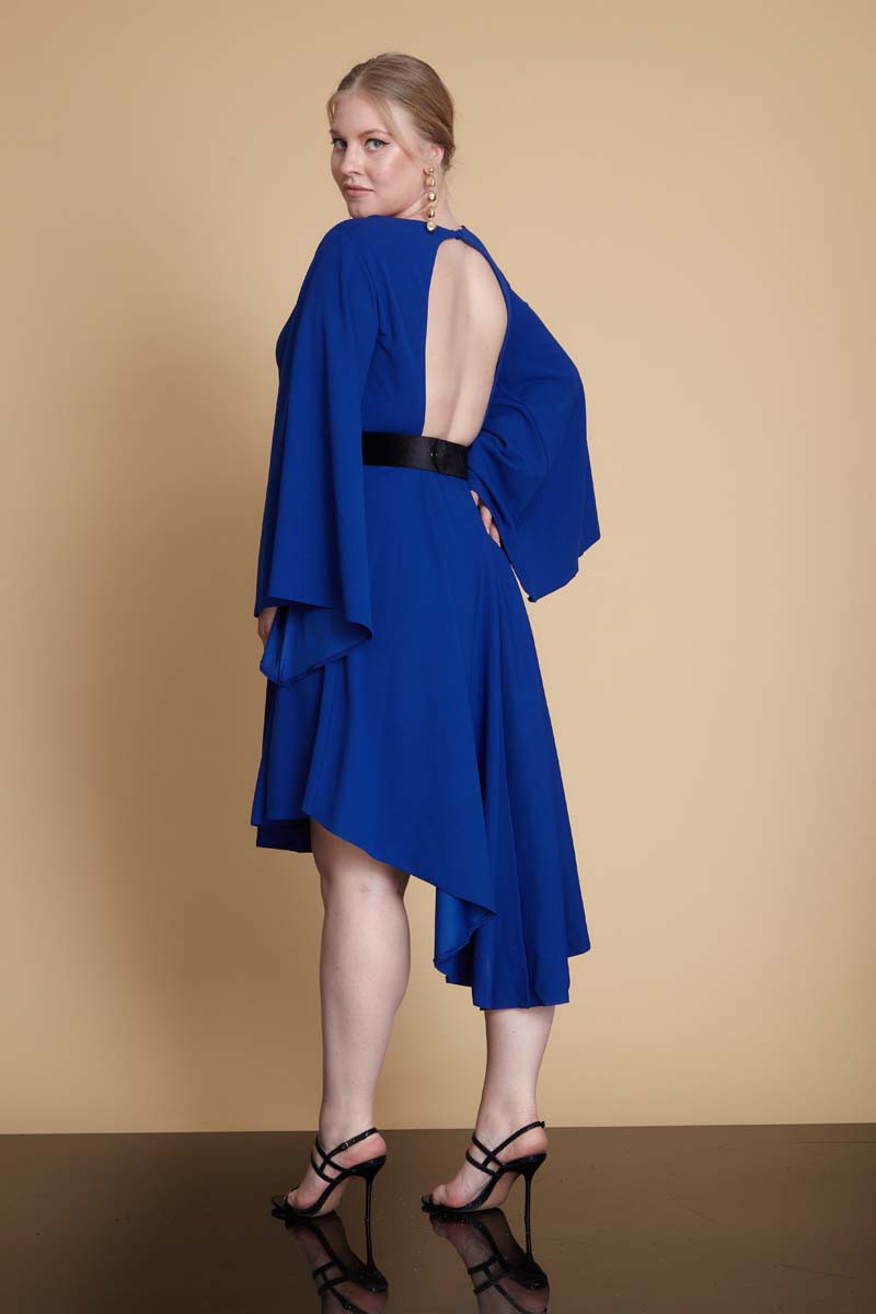 Saxon Blue Plus Size Crepe Long Sleeve Midi Dress