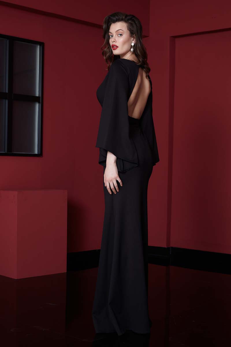 Black Crepe Long Sleeve Maxi Dress