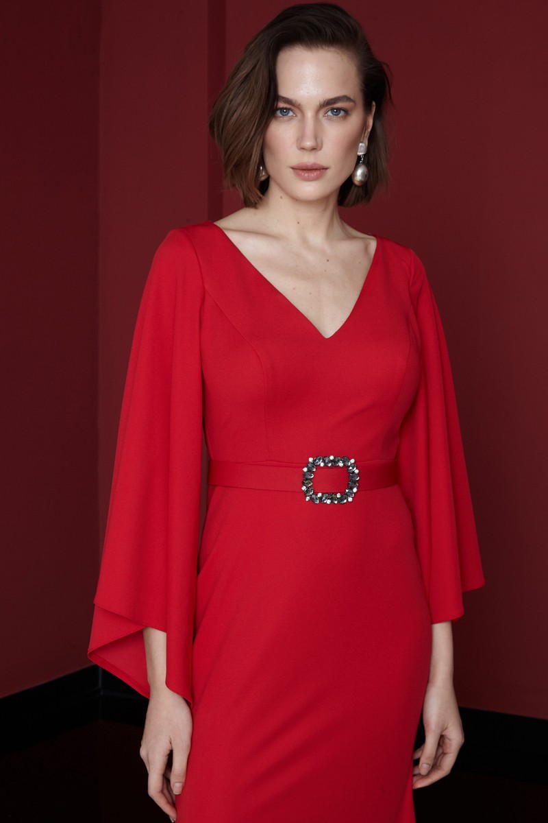 Red Crepe Long Sleeve Maxi Dress