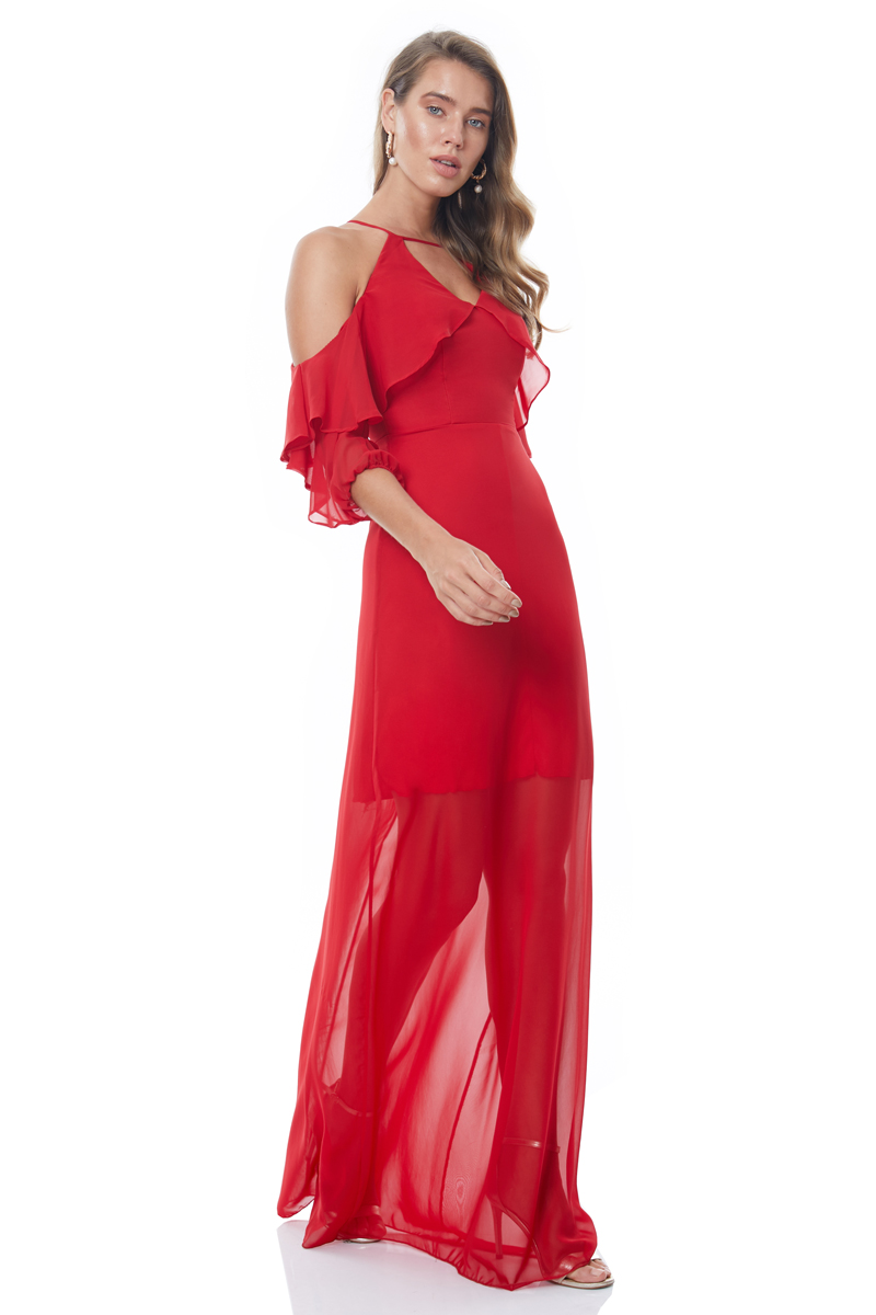 Red Chiffon Long Sleeve Maxi Dress