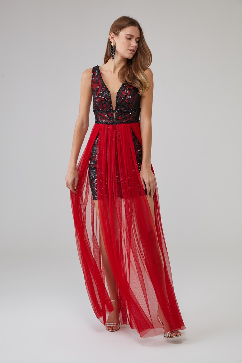 Red Tulle Sleeveless Maxi Dress