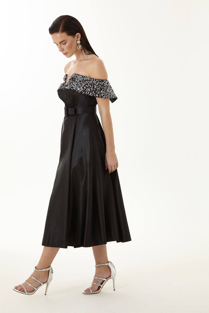Black Satin Strapless Midi Dress