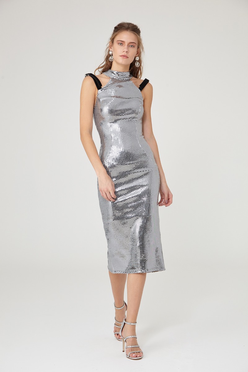 Grey Sequined Sleeveless Midi Dress