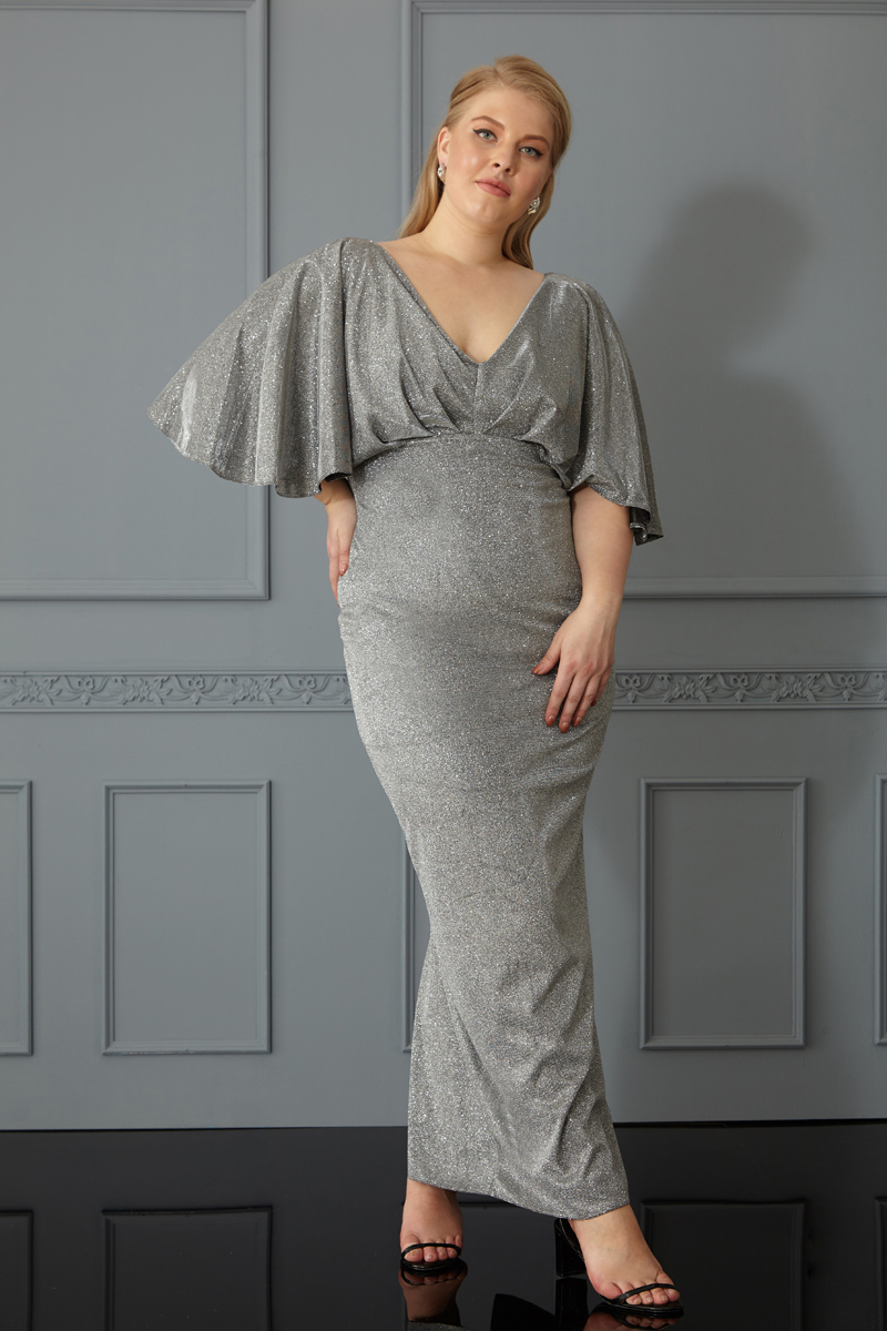 Silver Plus Size Sequined Short Sleeve Maxi Dress