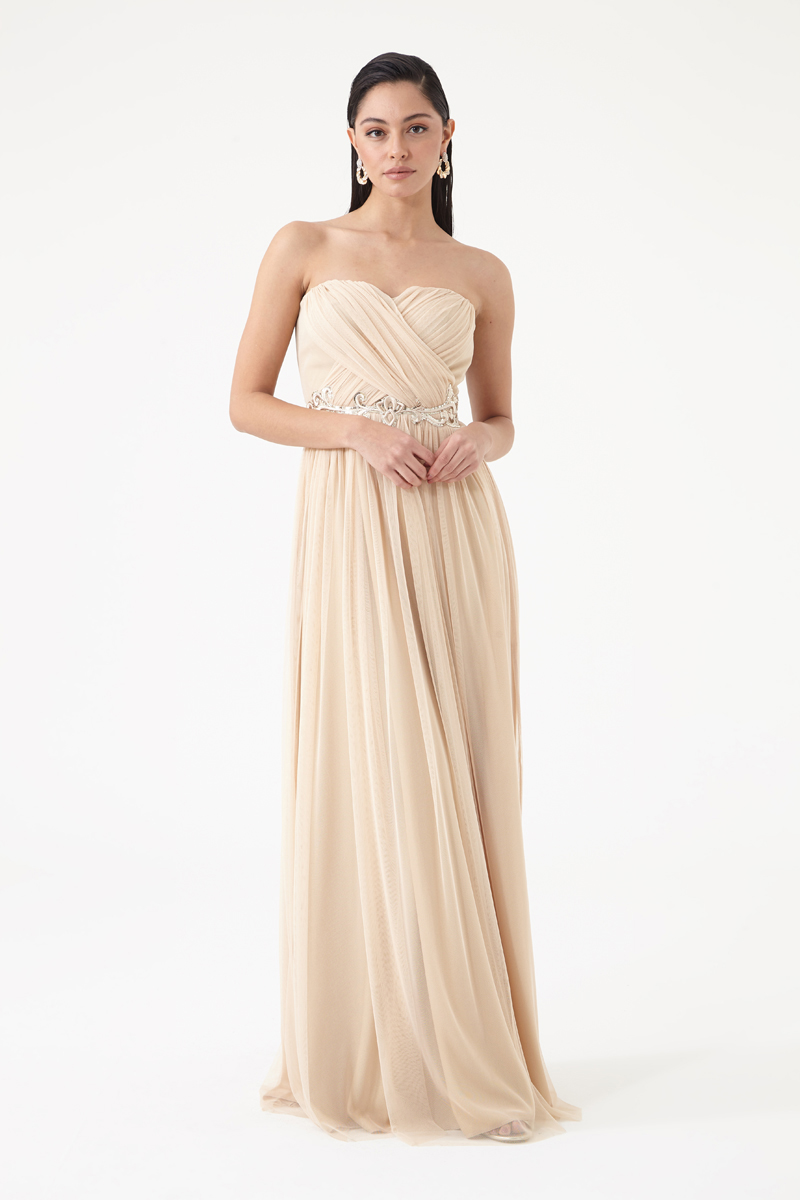 Beige Tulle Strapless Maxi Dress