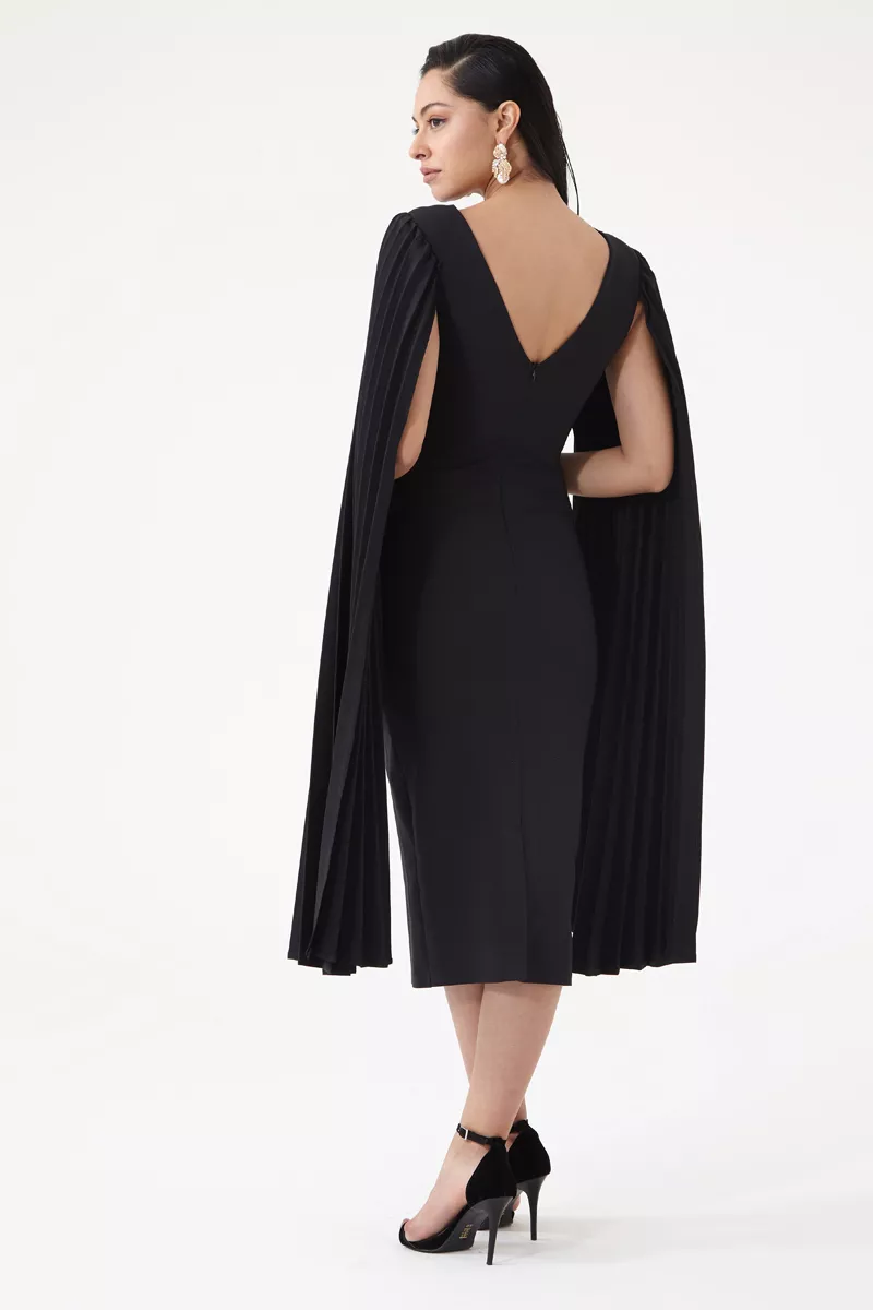 Black crepe long sleeve midi dress