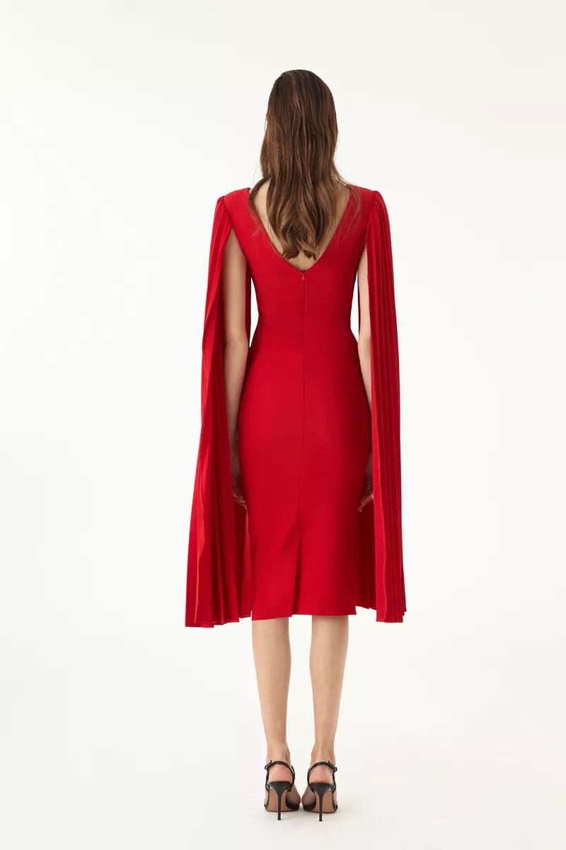 Kırmızı krep uzun kol orta boy elbise