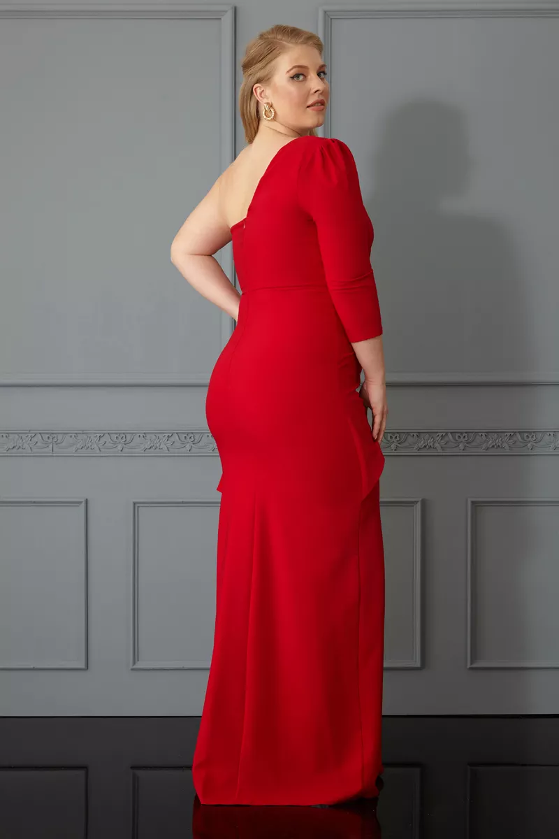 Kırmızı büyük beden krep tek kol uzun elbise