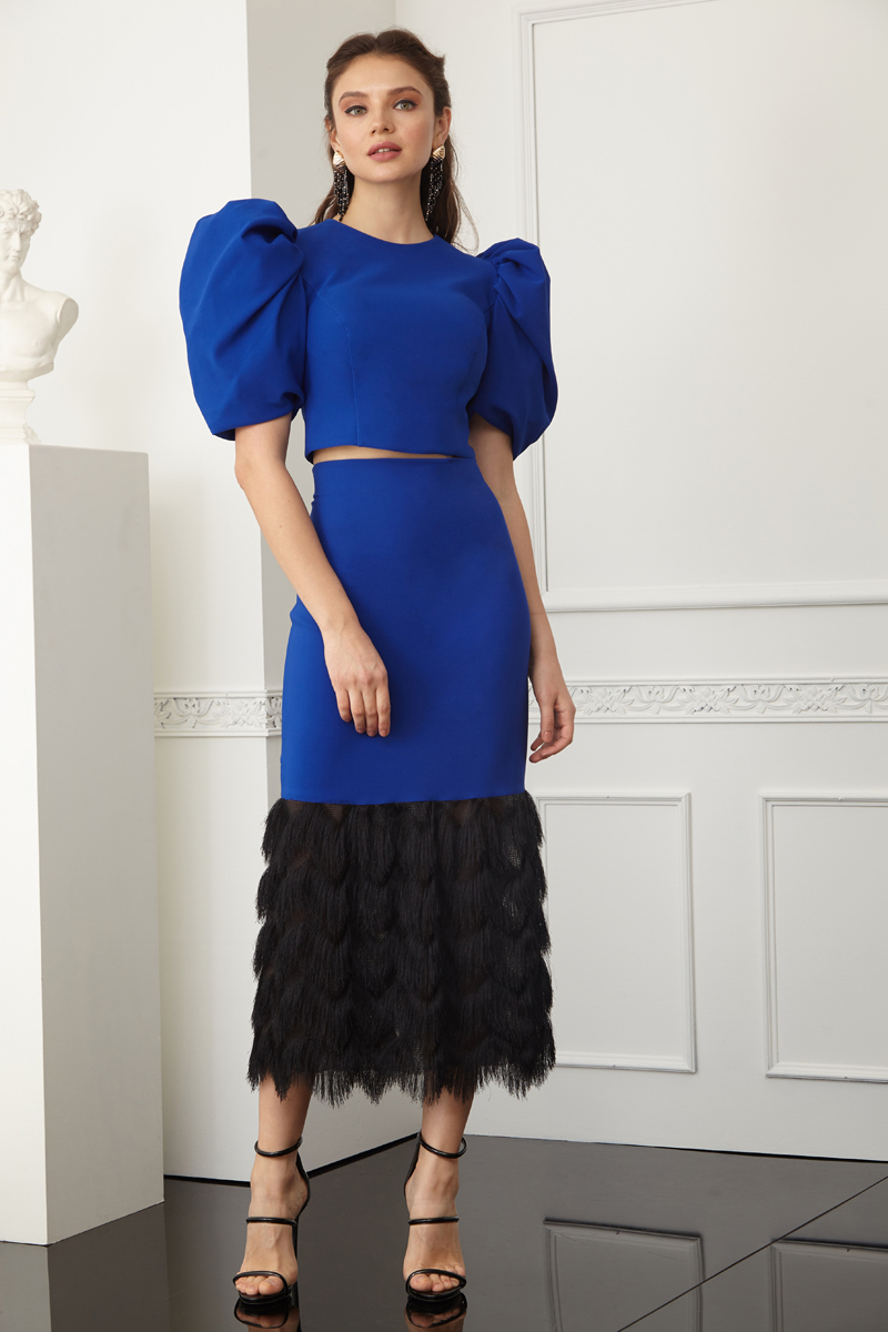 Saxon Blue Crepe Short Sleeve Midi Dress