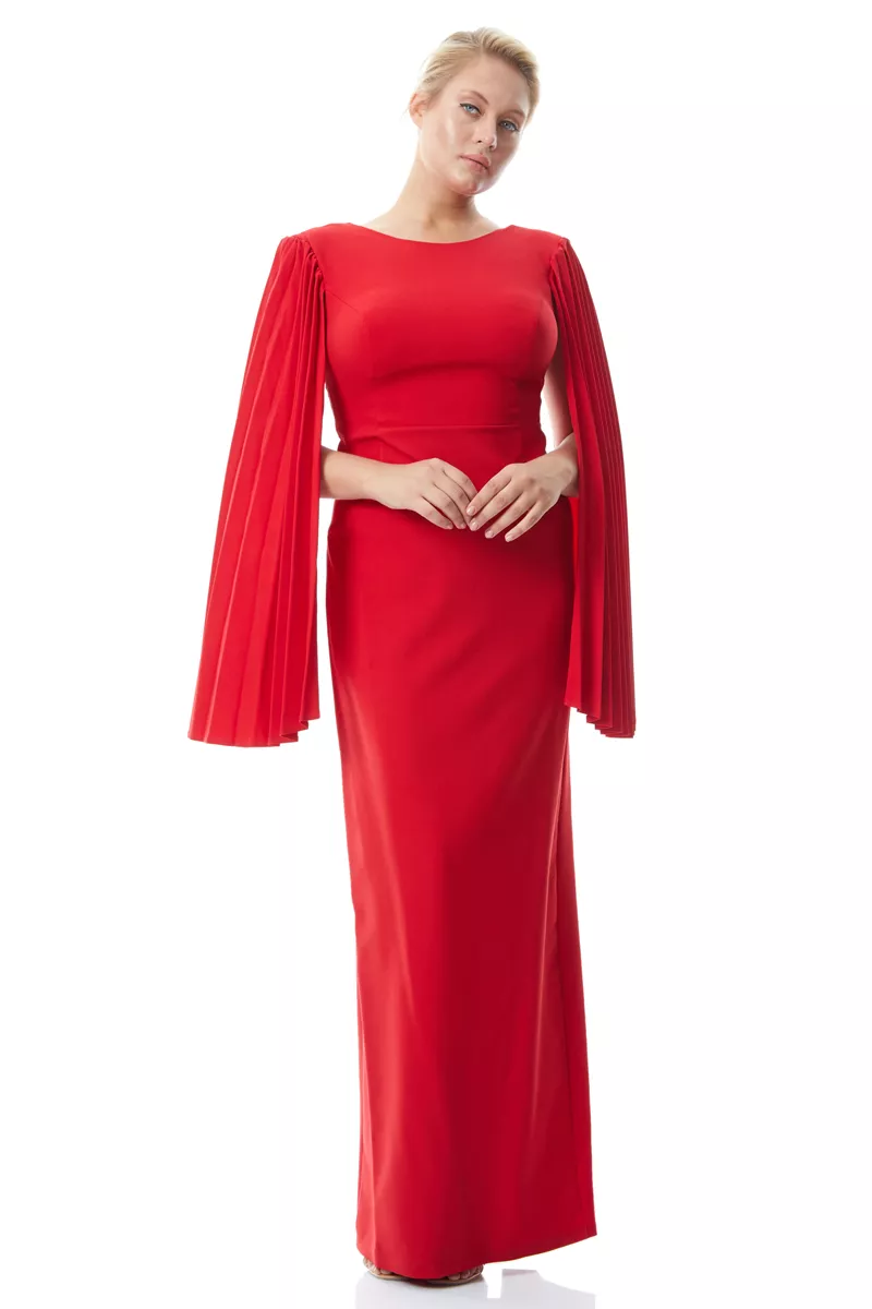 Kırmızı büyük beden krep uzun kol uzun elbise