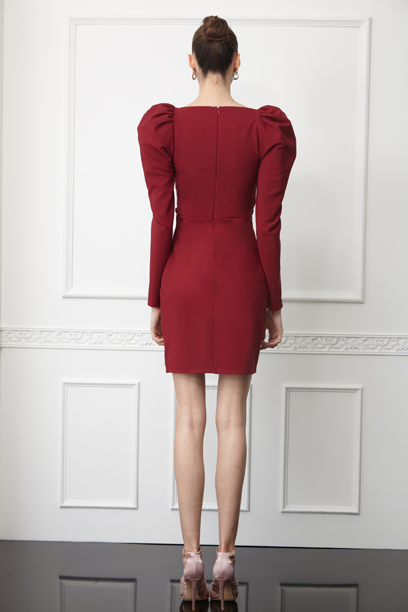 Claret Red Crepe Long Sleeve Mini Dress