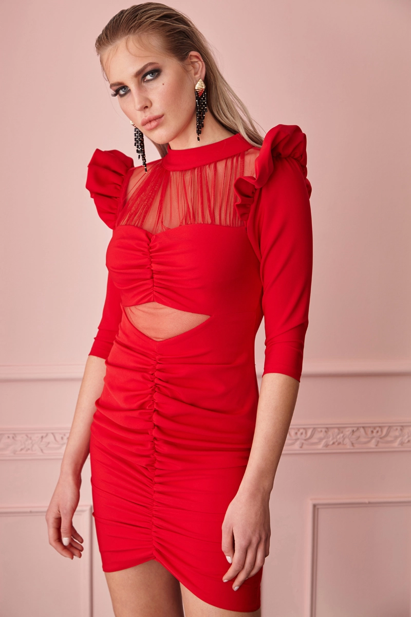 Red Crepe Long Sleeve Mini Dress
