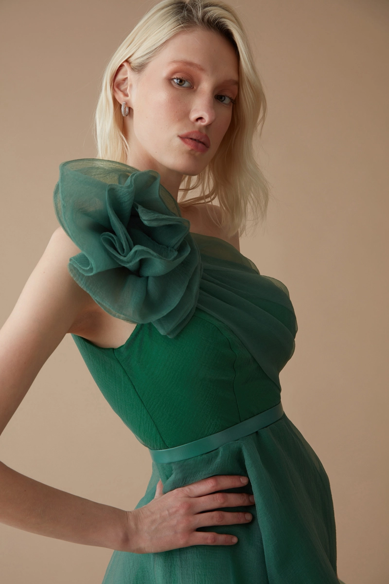 Green Tulle One Arm Mini Dress