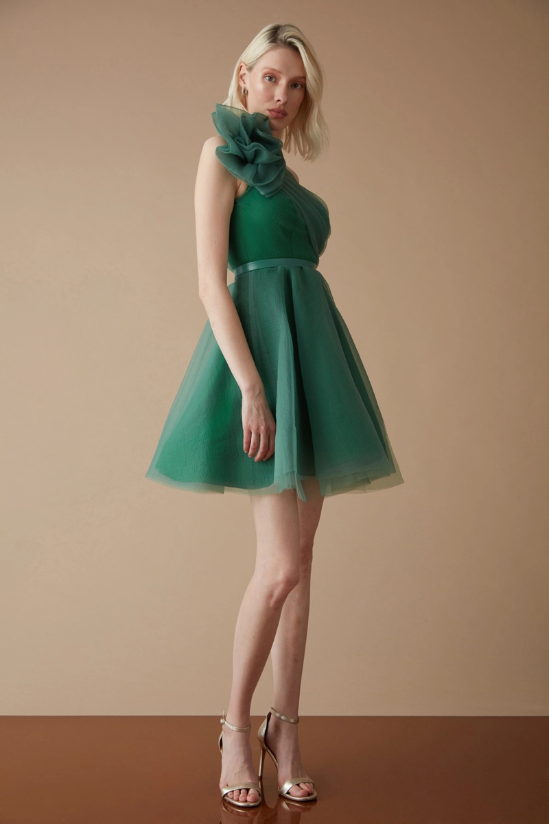 Green Tulle One Arm Mini Dress