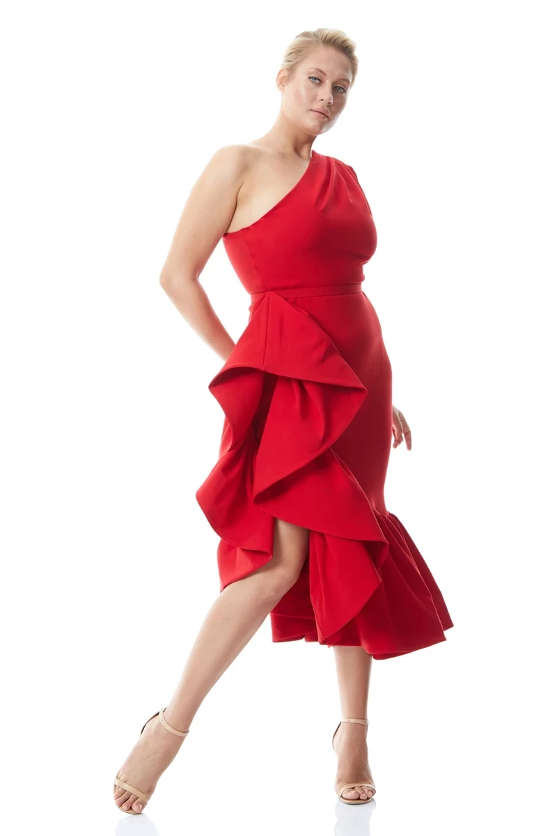 Kırmızı büyük beden krep tek kol uzun elbise
