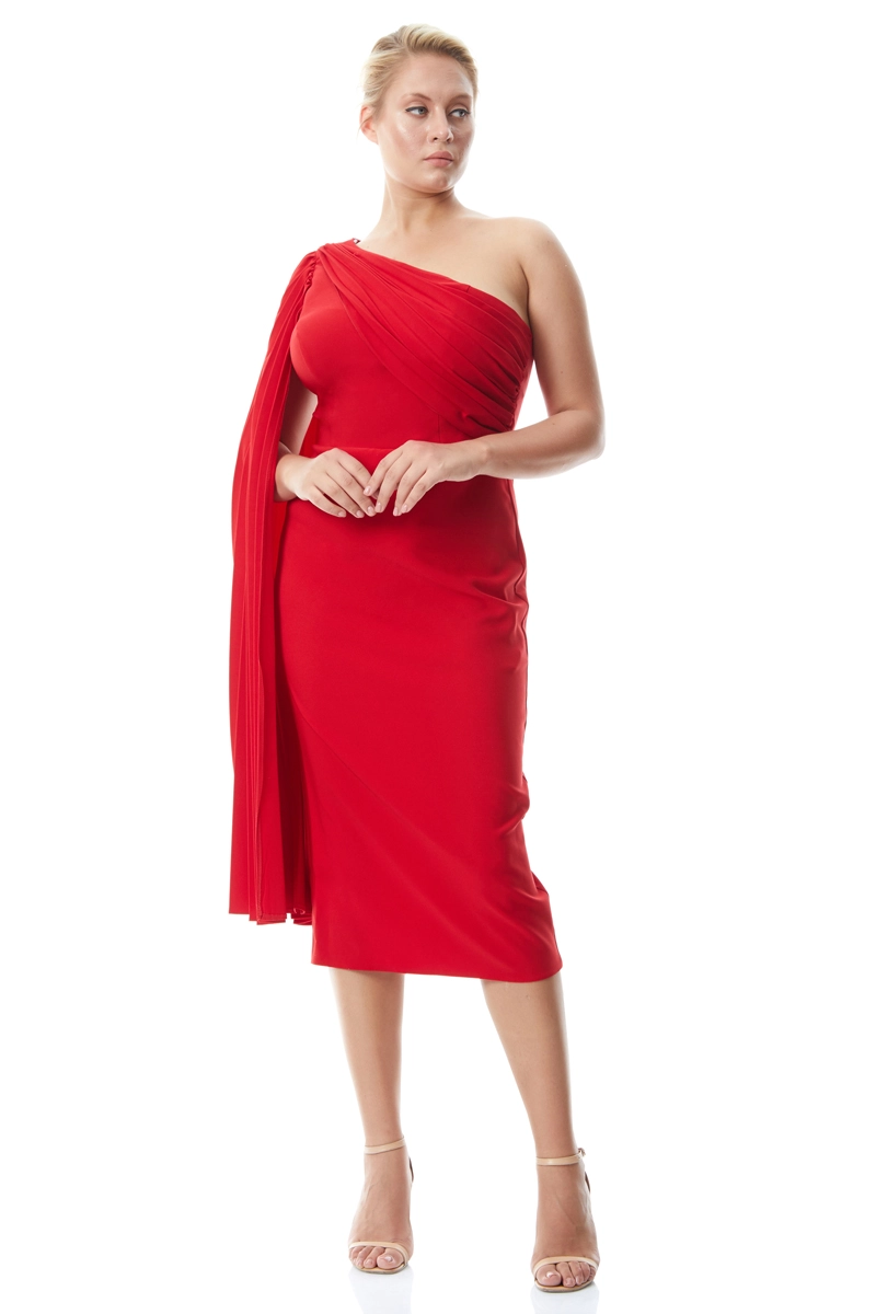 Red plus size crepe one arm mini dress
