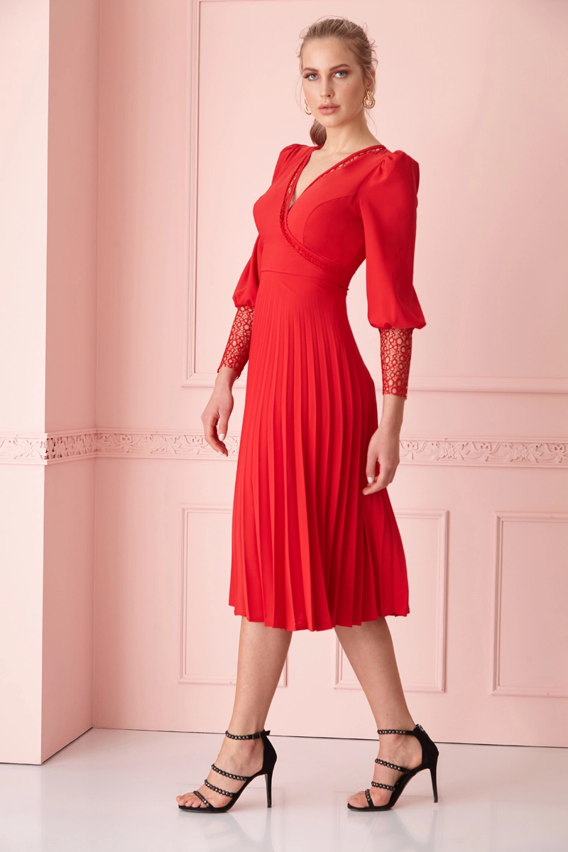 Red Crepe Long Sleeve Midi Dress