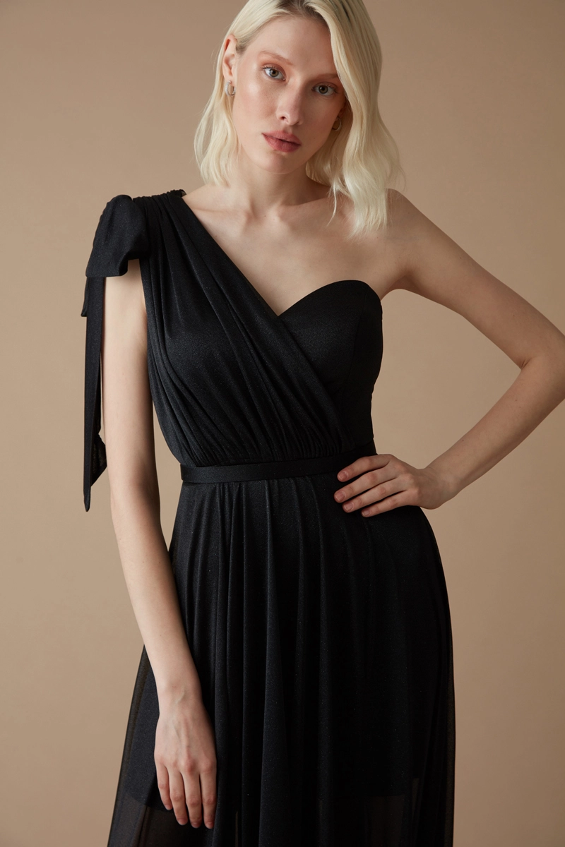 Black tulle one arm maxi dress