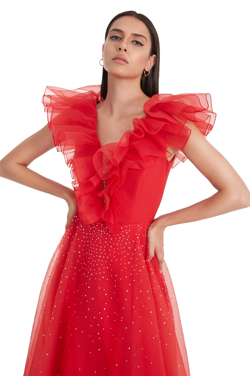 Red Tulle Sleeveless Maxi Dress