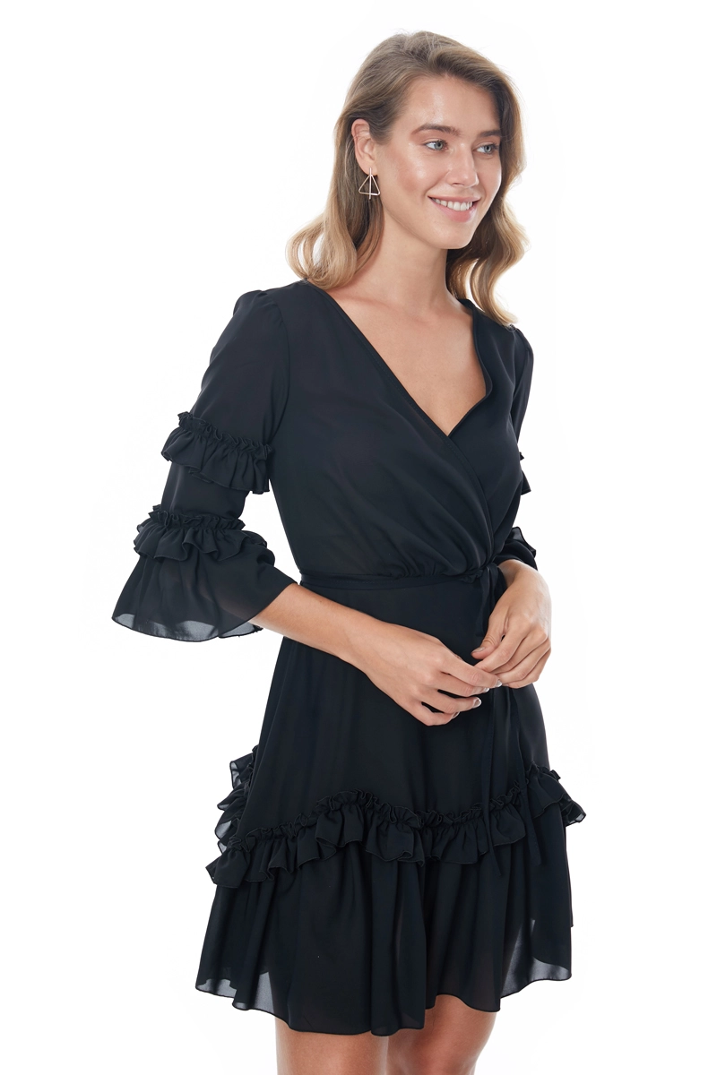 Black Crepe 3/4 Sleeve Mini Dress