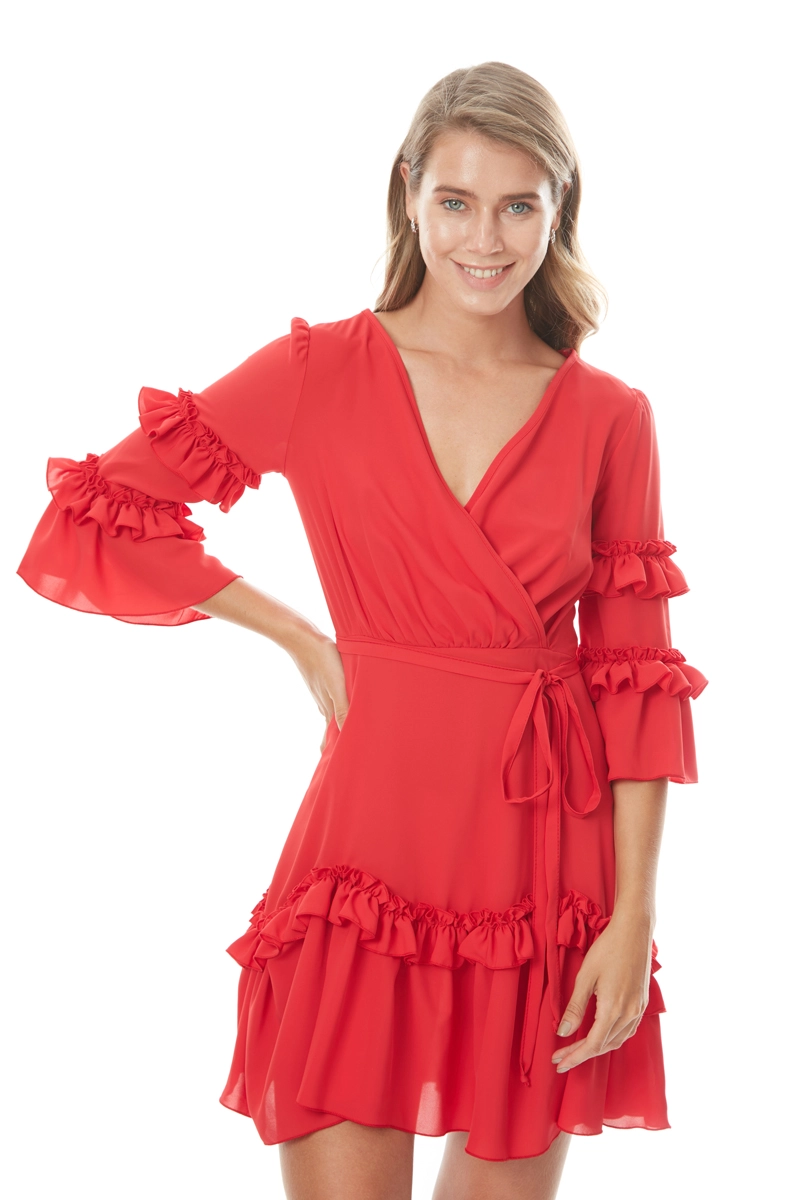 Red Crepe 3/4 Sleeve Mini Dress