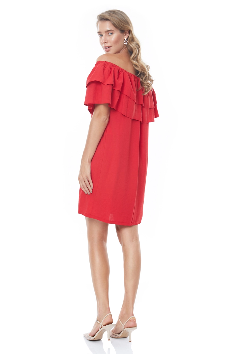 Red Crepe Strapless Midi Dress