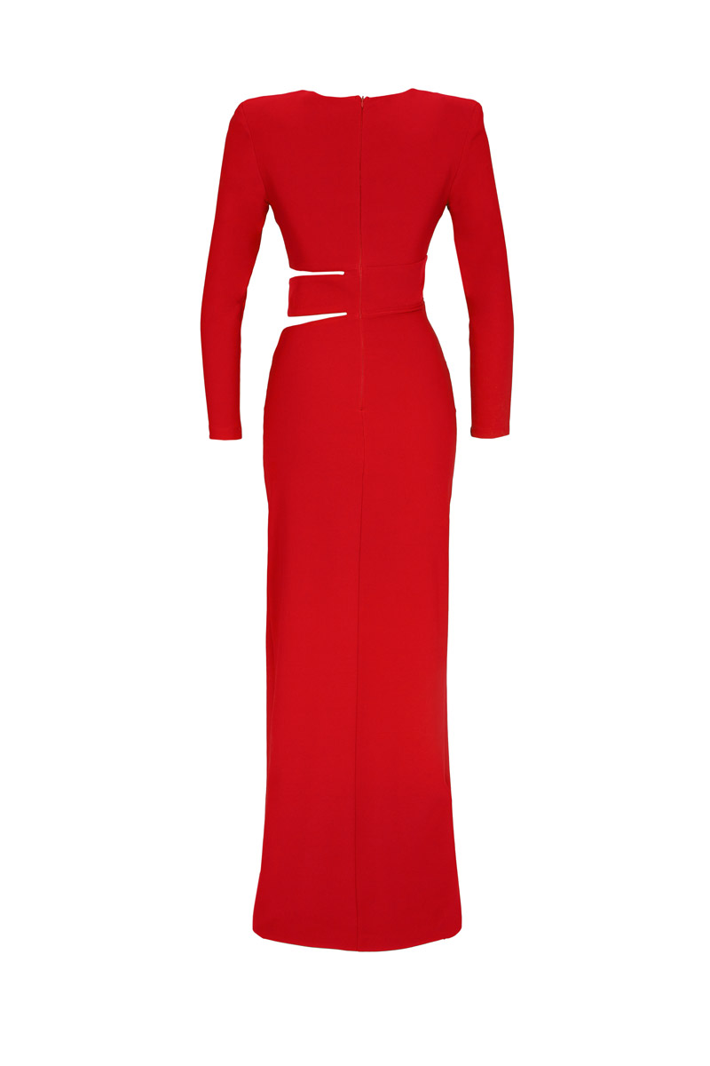 Red Crepe Long Sleeve Dress