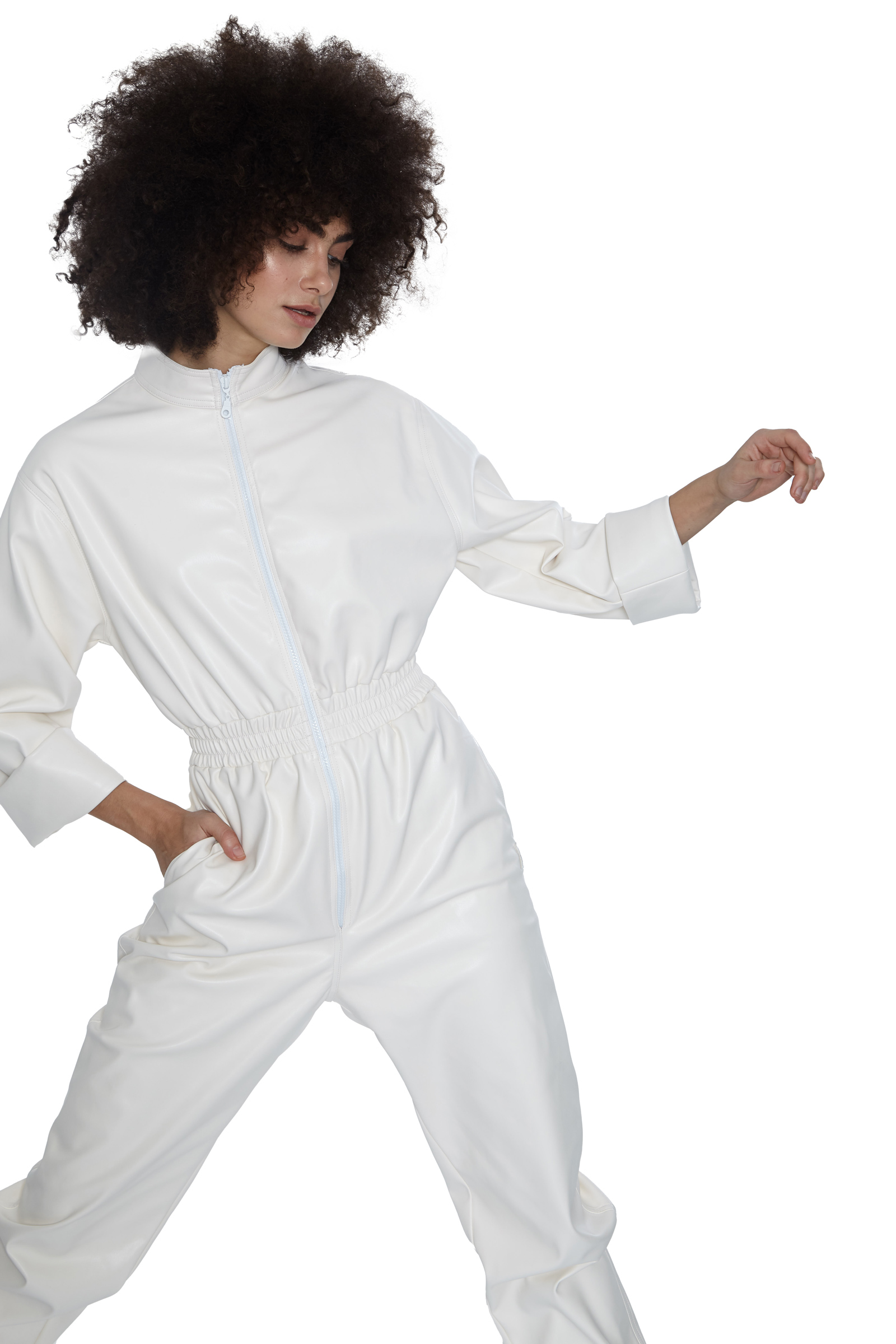 White Leather Long Sleeve Jumpsuit