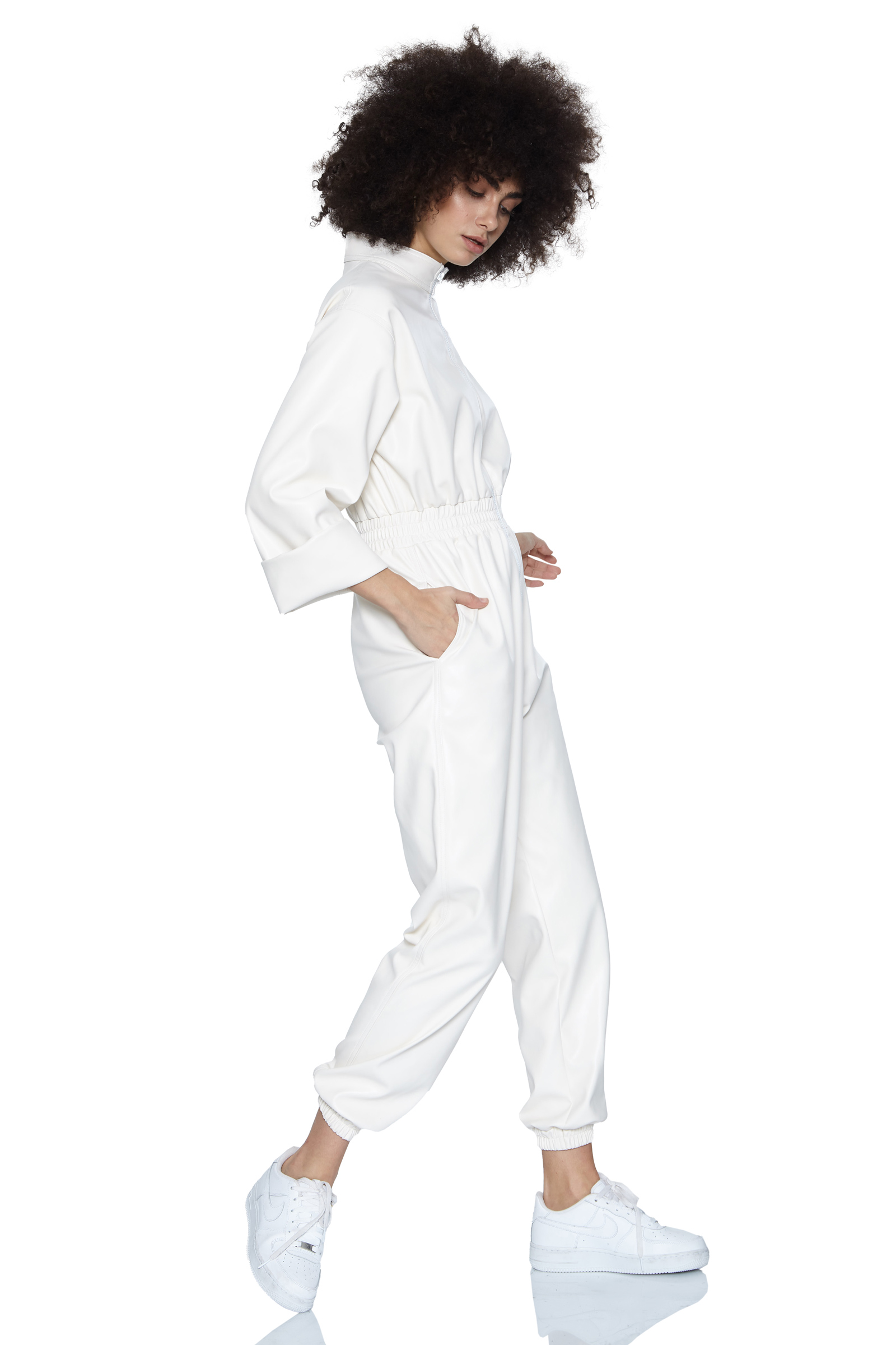White Leather Long Sleeve Jumpsuit