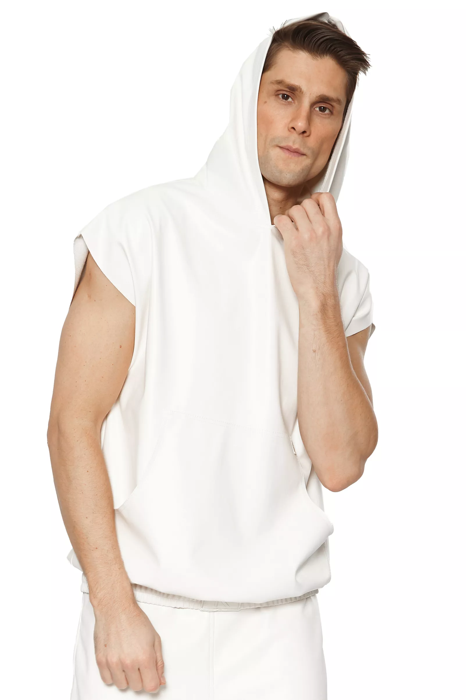 Beyaz Deri Kolsuz Sweatshirt