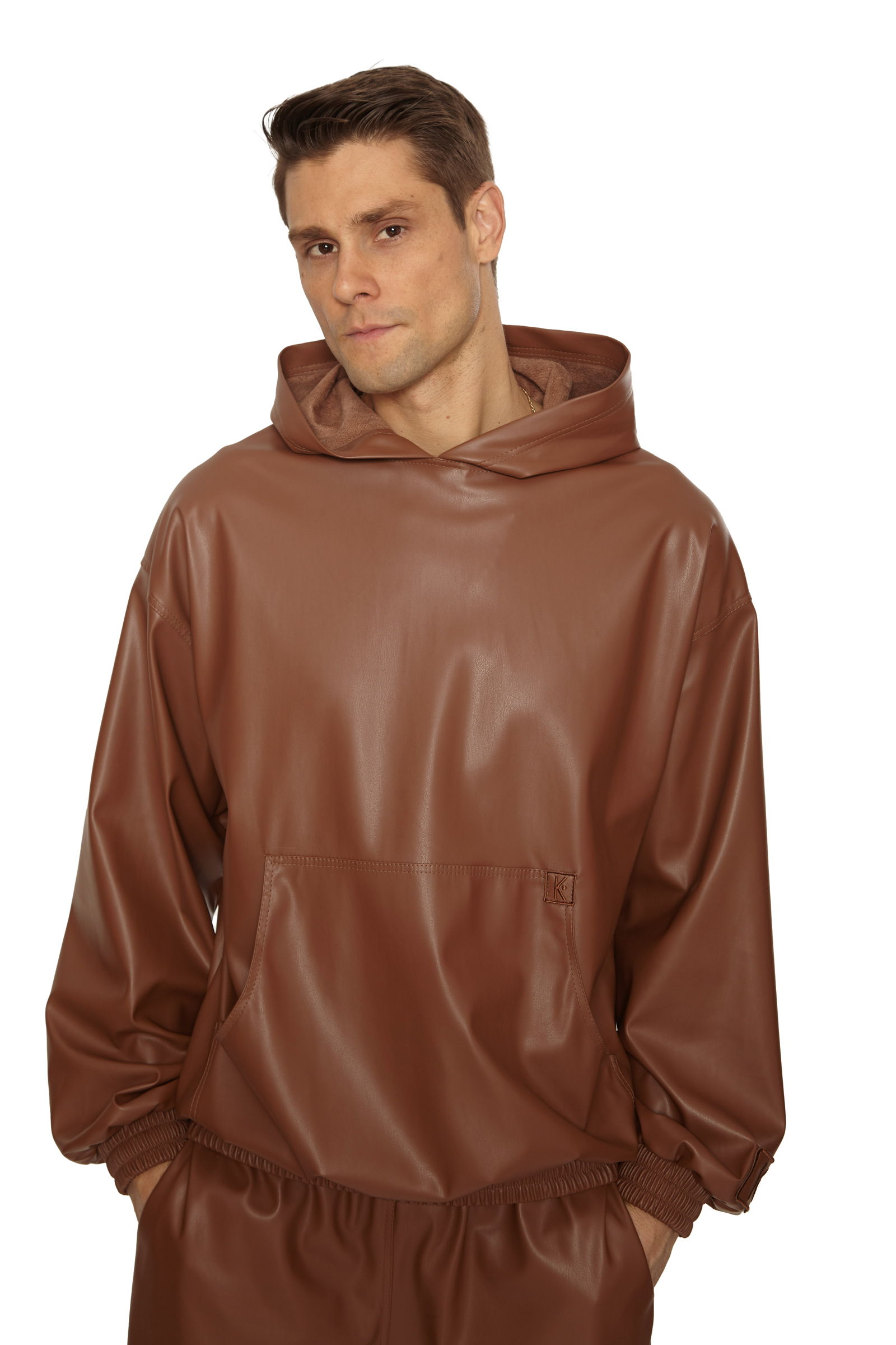 Brown Leather Long Sleeve Sweatshirt