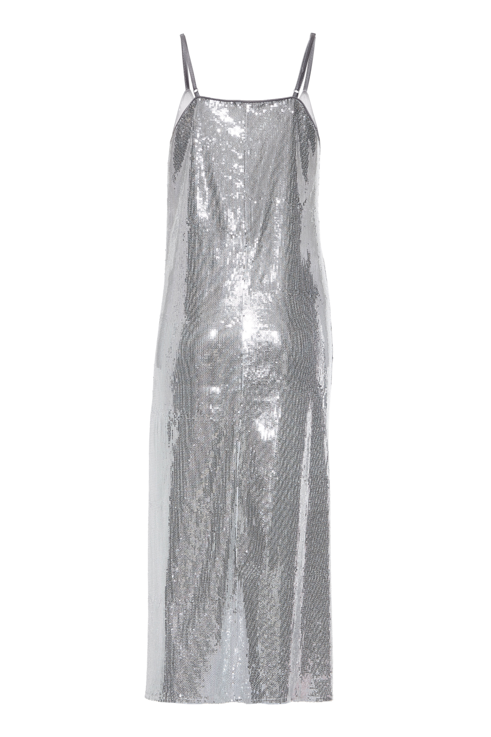 Gümüş Pul Payet Kolsuz Uzun Elbise