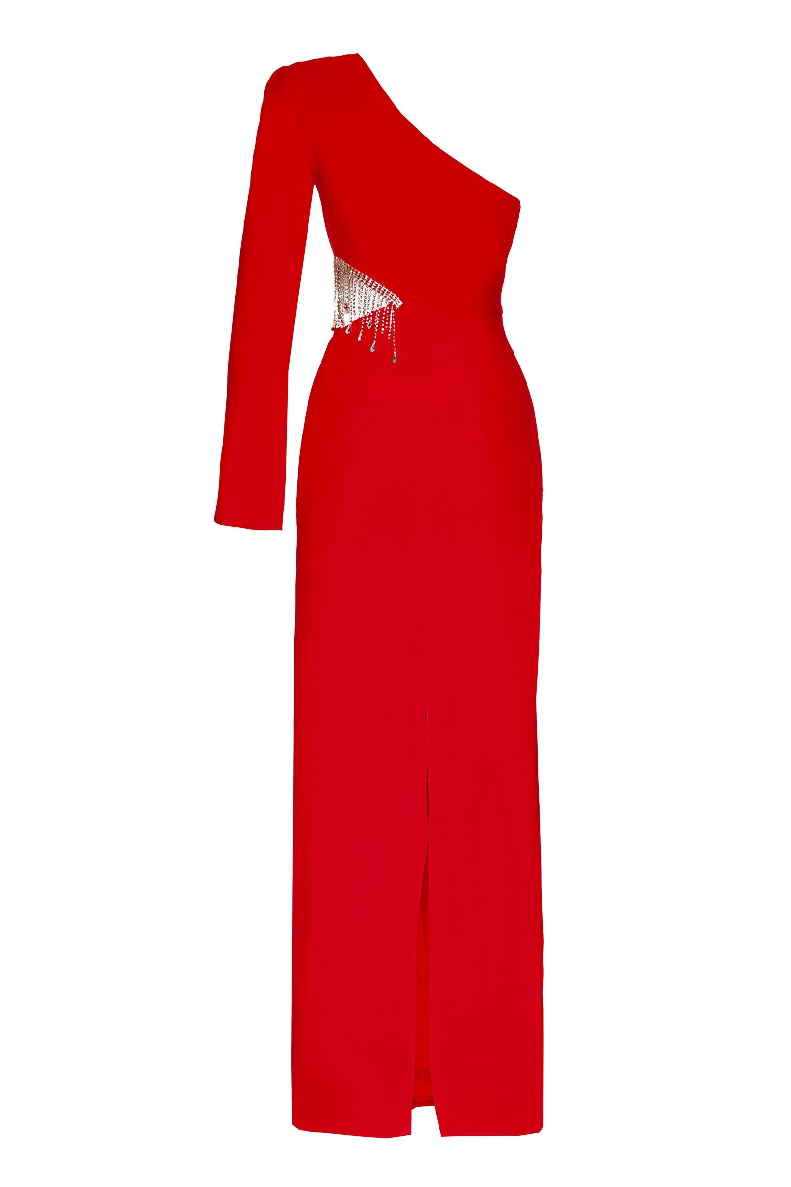 Red crepe one arm maxi dress