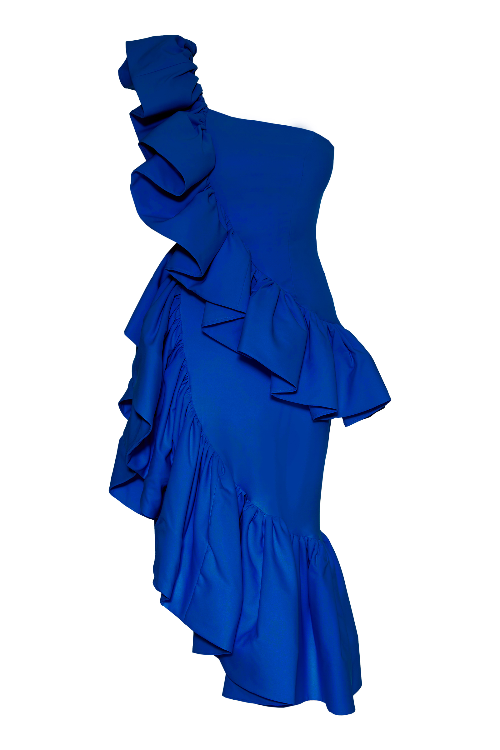 Saks mavisi krep kolsuz uzun elbise