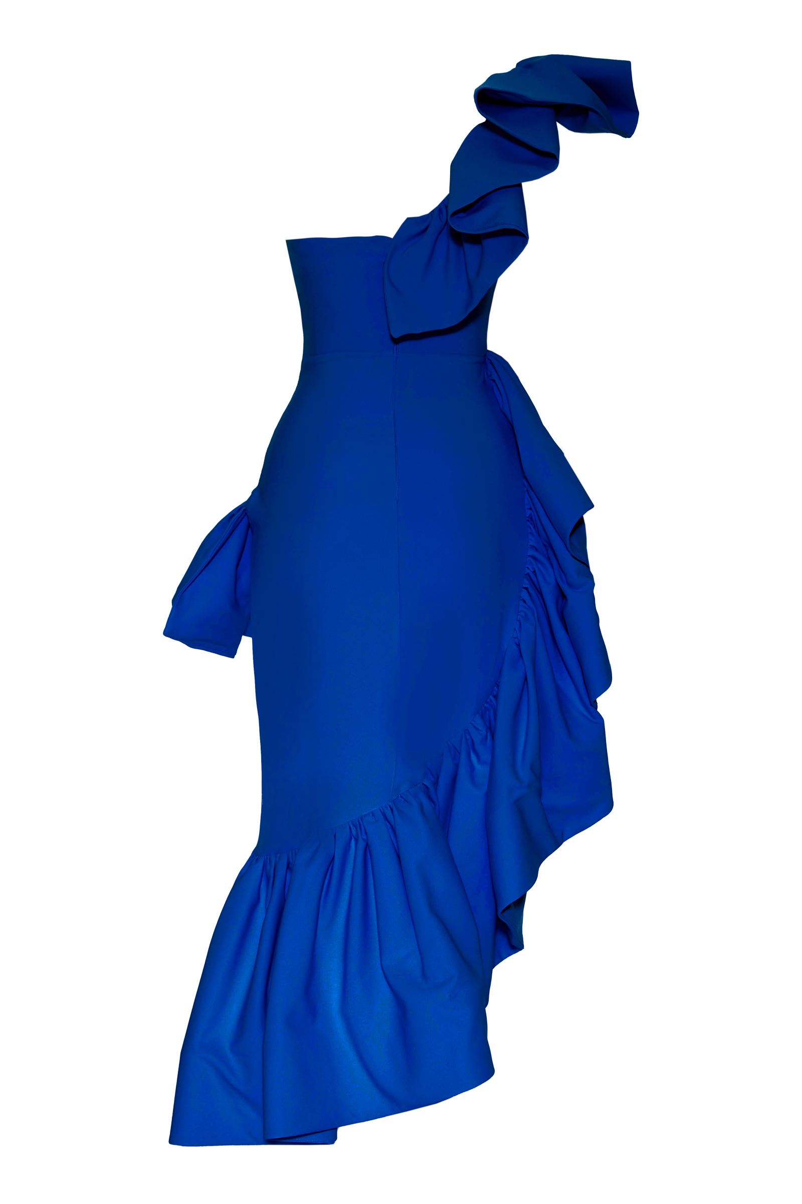 Saks mavisi krep kolsuz uzun elbise