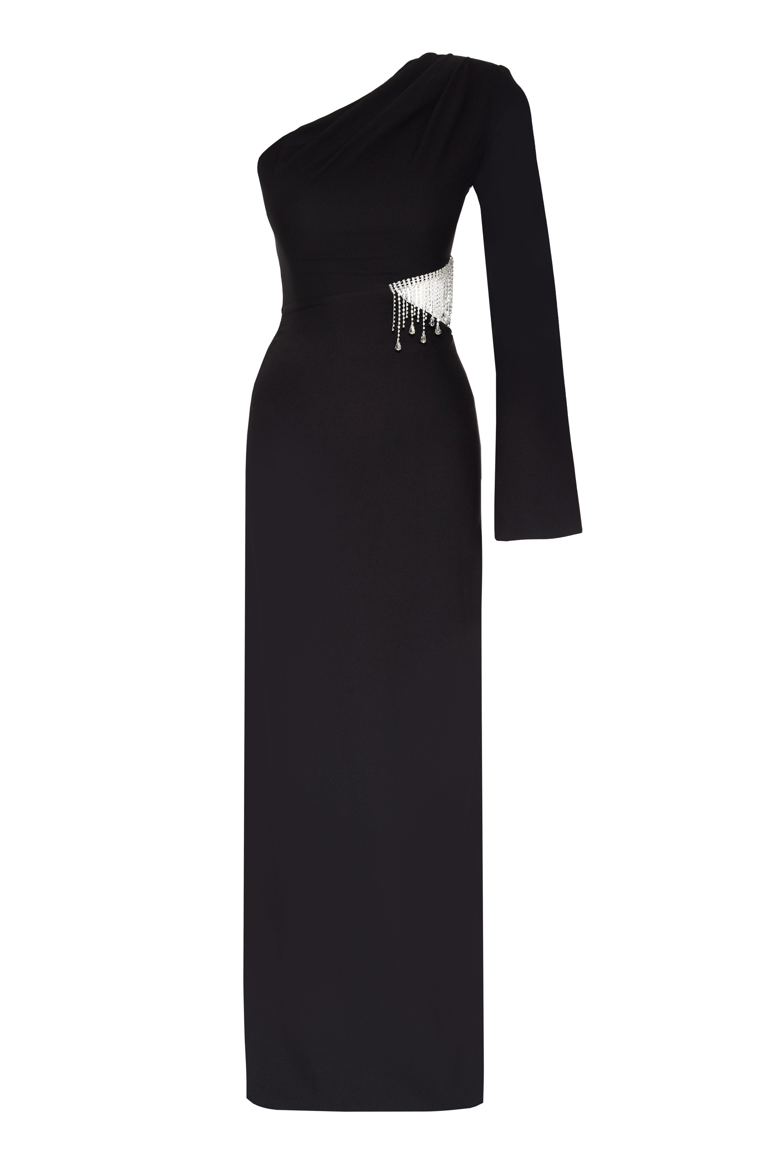 Black plus size crepe one arm maxi dress