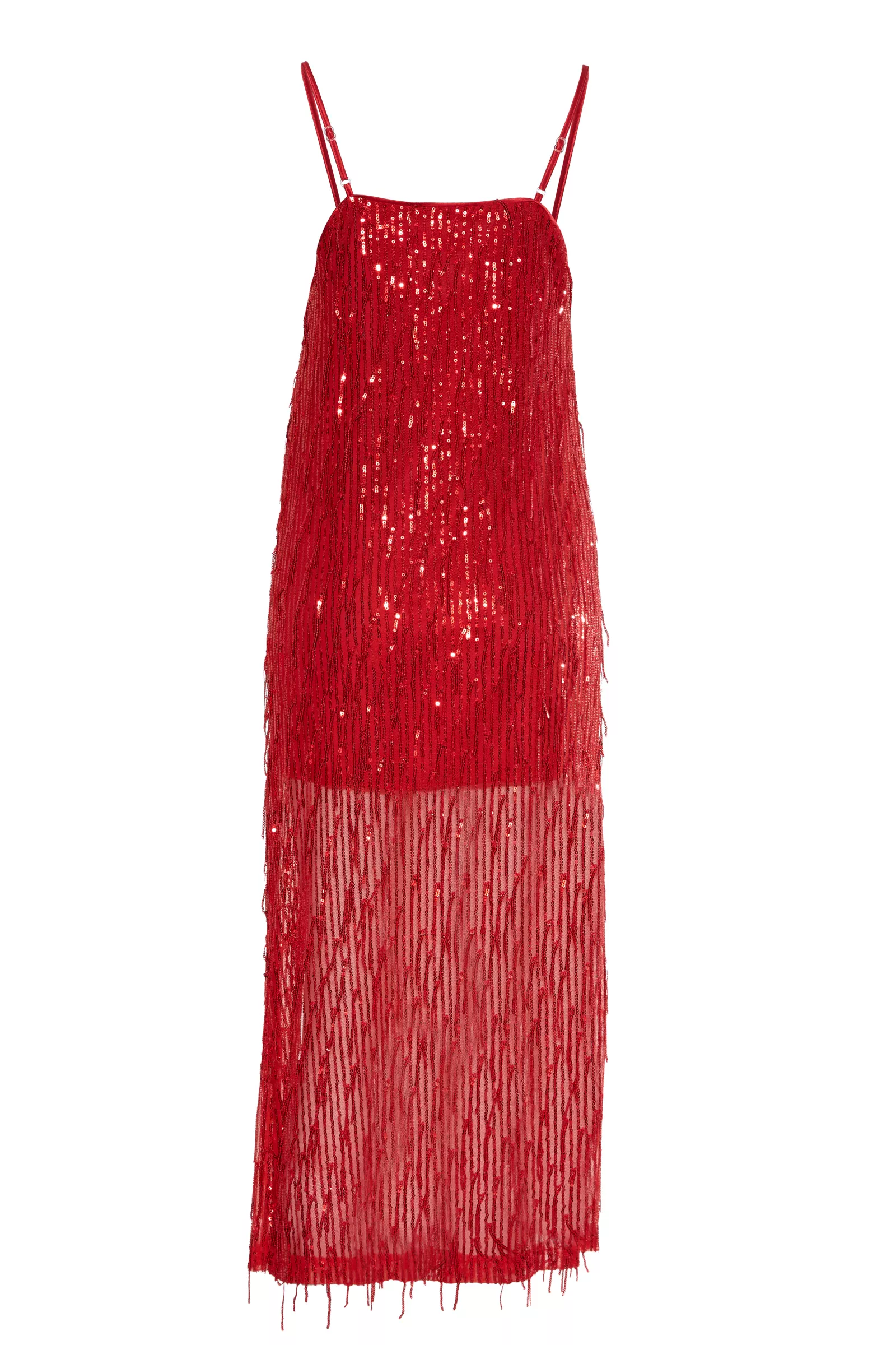 Kırmızı pul payet kolsuz uzun elbise